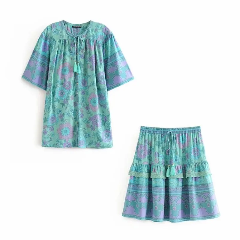 Women's suit spring and autumn new print tie waist round neck shirt stitching lace skirt two-piece women's clothing
Women's suit spring and autumn new print tie waist round neck shirt stitching lace skirt two-piece women's clothing