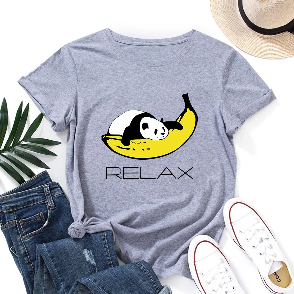 Summer 100% Cotton Short Sleeve Tops Relax Nap Panda Sleeping on Banana Graphic Tee Shirt for Women Cute Panda Bear T-Shirt
Summer 100% Cotton Short Sleeve Tops Relax Nap Panda Sleeping on Banana Graphic Tee Shirt for Women Cute Panda Bear T-Shirt