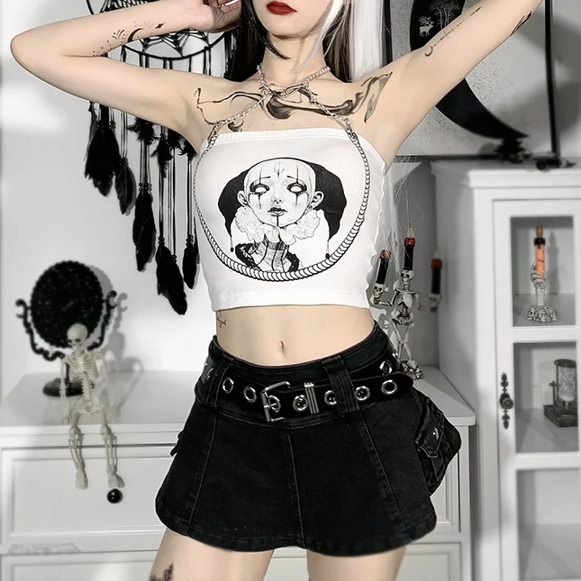 Sexy With Metal Chain Figure Printed Backless Tank Tops Patchwork Slim Sleeveless Strapless Gothic Crop Top For Women
Sexy With Metal Chain Figure Printed Backless Tank Tops Patchwork Slim Sleeveless Strapless Gothic Crop Top For Women