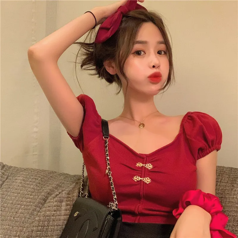 Vintage Crop Top Women's Clothing Summer Style Puff Sleeve Fashion Brand Ladies Tops V-neck Button Slim Tees Designer New
Vintage Crop Top Women's Clothing Summer Style Puff Sleeve Fashion Brand Ladies Tops V-neck Button Slim Tees Designer New