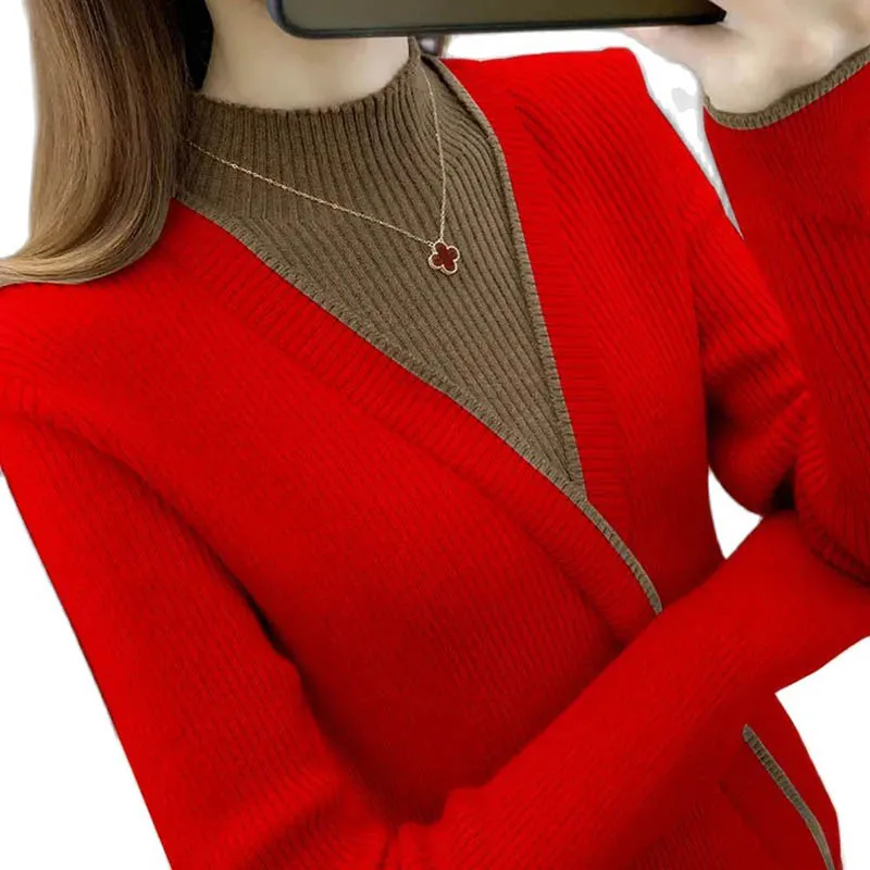 Autumn Winter Women Half high Collar Sweater Pullover New Fashion Fake two Knitting Sweater Female Color matching Sweater R1453 
Autumn Winter Women Half high Collar Sweater Pullover New Fashion Fake two Knitting Sweater Female Color matching Sweater R1453