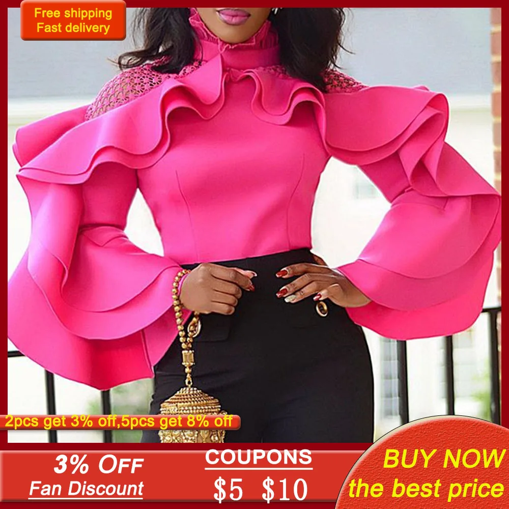 2021 Spring Women Blouse Slim Fashion African Ruffle Sleeve Pullover Falbala Patchwork Hollow Female Top Western Office Lady
2021 Spring Women Blouse Slim Fashion African Ruffle Sleeve Pullover Falbala Patchwork Hollow Female Top Western Office Lady