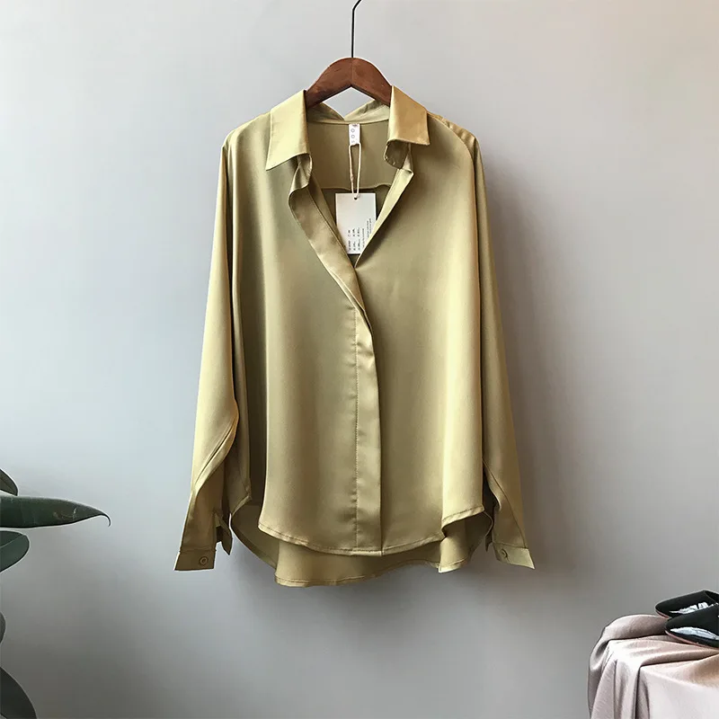 Фото : Для Осенняя мода кнопка вверх атласная шелковая рубашка винтажная блузка