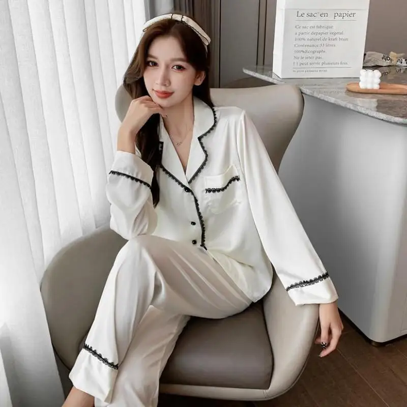 Spring Autumn Pajamas Set Satin 2PCS Sleepwear Long Sleeve Shirt&Pants Femme Lapel Pijamas Suit Casual Sleep Set Loungewear
Spring Autumn Pajamas Set Satin 2PCS Sleepwear Long Sleeve Shirt&Pants Femme Lapel Pijamas Suit Casual Sleep Set Loungewear
