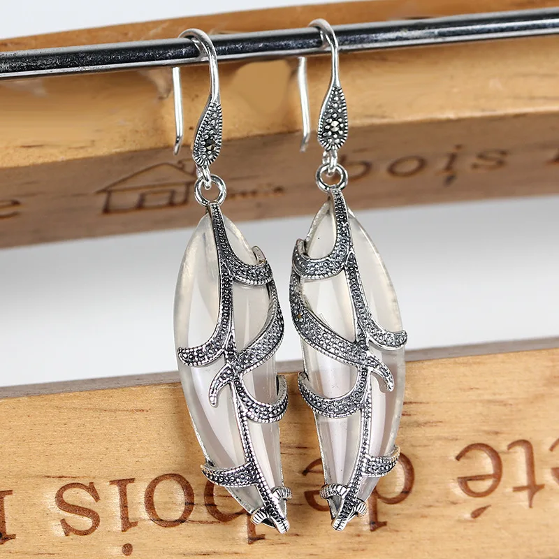 

Real 100% 925 Sterling Silver Leaf Shap Earring For Women Vintage Natural Stones Drop Earring female Retro Thai Silver Jewelry