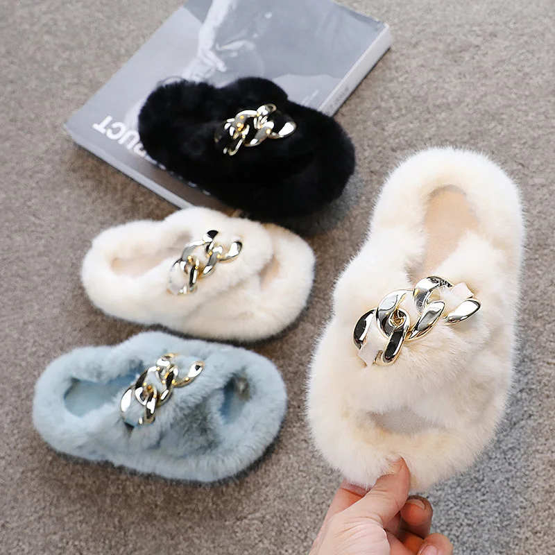 Children's Cotton Slippers Girls Open Toe Metal Chain Plush Fur Shoes Kids Home Indoor Non Slip Rubber Bottom Shoes 3-10 Years
Children's Cotton Slippers Girls Open Toe Metal Chain Plush Fur Shoes Kids Home Indoor Non Slip Rubber Bottom Shoes 3-10 Years