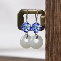 

S925 Sterling Silver Vintage Chinese Style Burnt Blue Silver Earrings Women Cloisonne Five Petal Flower Fashion Thai Silver Peac