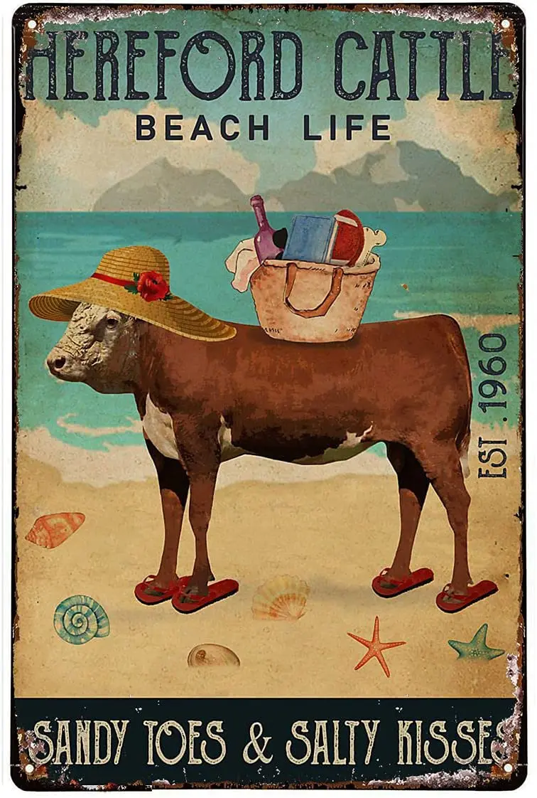 

Пляж жизнь песчаный пальцы Hereford крупный рогатого скота оловянный знак настенный плакат для домашнего декора для баров, ресторанов, кафе, па...