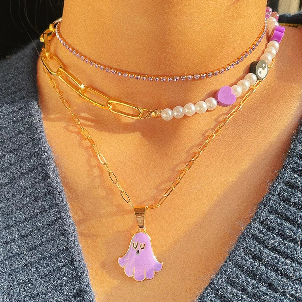 Boho Cute Cartoon Ghost Pearl Beaded Necklace For Women Candy Color Enamel Pendant Multilayer Necklaces Y2K Asymmetry Jewelry
Boho Cute Cartoon Ghost Pearl Beaded Necklace For Women Candy Color Enamel Pendant Multilayer Necklaces Y2K Asymmetry Jewelry