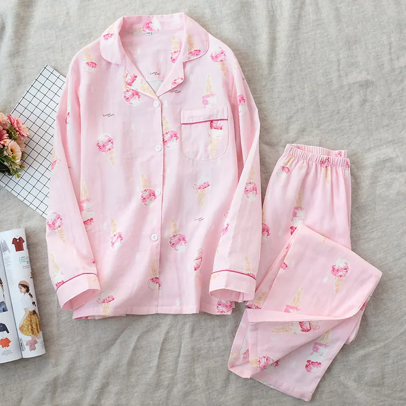 Japanese Kimono Cardigan Pure Cotton Gauze Pajamas Sets Women's Long-sleeved Cherry Cute Yukata Spring Autumn Home Service Suit
Japanese Kimono Cardigan Pure Cotton Gauze Pajamas Sets Women's Long-sleeved Cherry Cute Yukata Spring Autumn Home Service Suit