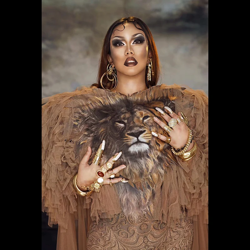Atmospheric queen lion print gauze cape onesie nightclub bar concert DJ singer/dancer costume
Atmospheric queen lion print gauze cape onesie nightclub bar concert DJ singer/dancer costume