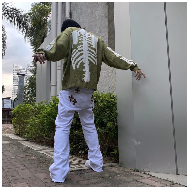 Japanese fashion brand kapital green skeleton destruction knitwear men's and women's street hip hop loose long sleeve sweater