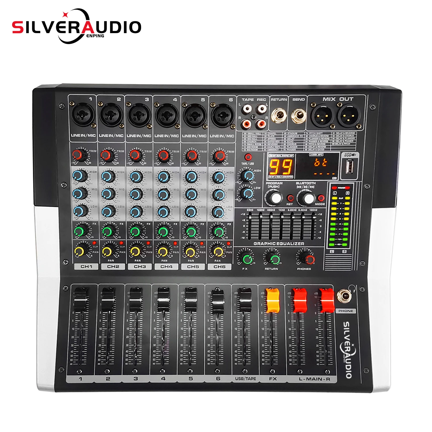 

GAX-ED6 Professional 6-Channel Audio Mixer Powerful 7-band Equalization Audio Mixer With USB Switch For Karaoke Stage KTV