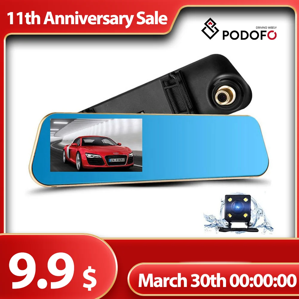 Podofo Двойной объектив автомобиля Камера Dash Cam отзыв зеркало цифрового видео