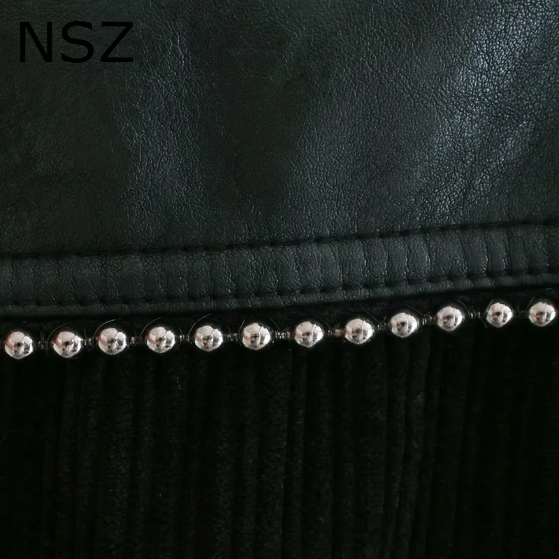 NSZ women black pu faux leather patchwork corduroy beaded oversized jacket fall fashion big loose coat long sleeve outerwear | Женская