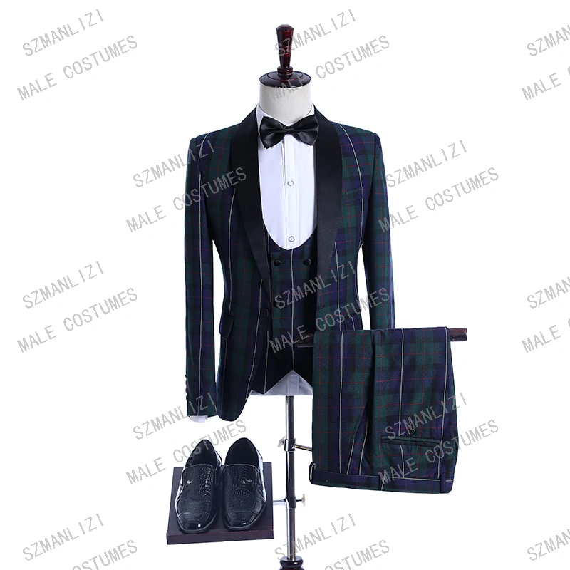 

Latest Coat Pant Designs 2020 Italian Style Green Plaid Groomsmen Slim Fit Men Wedding Groom Suits Prom Party Tuxedos Bridegroom