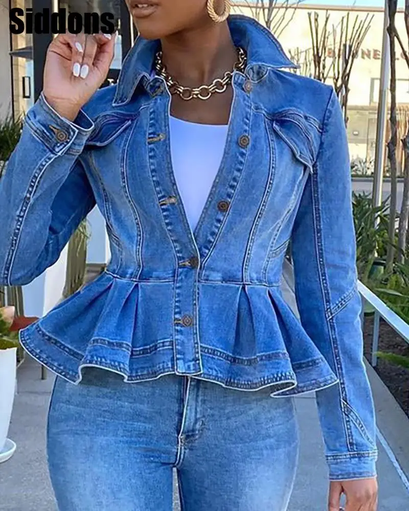 Women Denim Jacket Ruffle Hem Slim Fit Women Short Jeans Jackets Coat Vintage Turn Down Collar Denim Coat Outerwear Femme 
Women Denim Jacket Ruffle Hem Slim Fit Women Short Jeans Jackets Coat Vintage Turn Down Collar Denim Coat Outerwear Femme