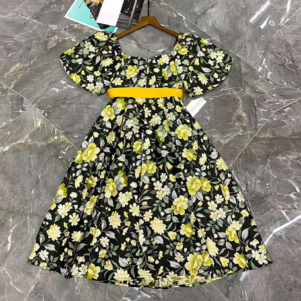 Summer Women Spring Runway Fashion Puff Sleeve V-Neck Flower Print Yellow Belt Party Holiday Elegant Beach Dress
Summer Women Spring Runway Fashion Puff Sleeve V-Neck Flower Print Yellow Belt Party Holiday Elegant Beach Dress