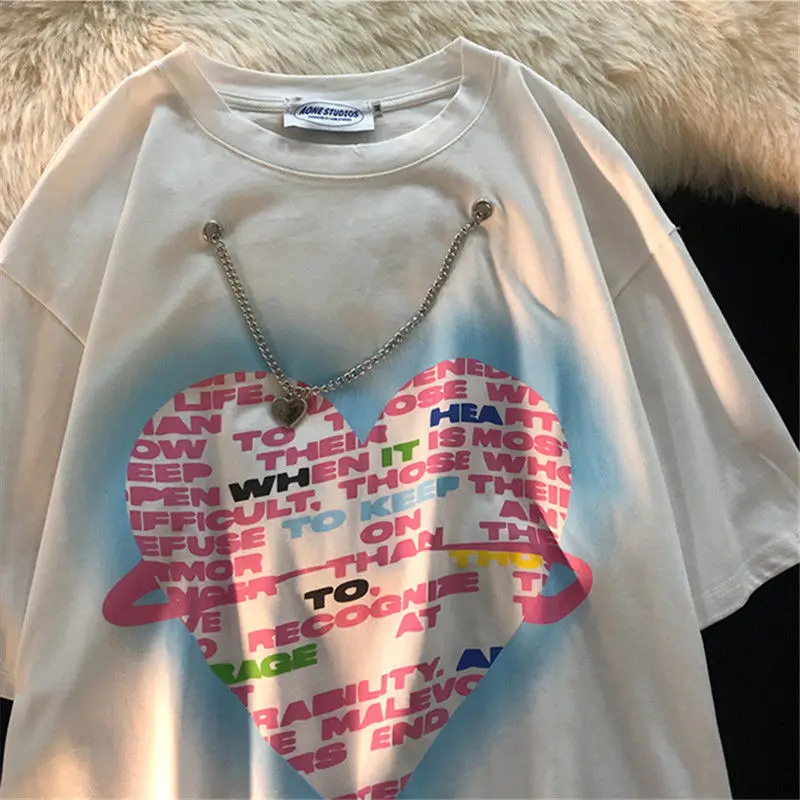 Cotton Fried Street Lovers' Love Printing Chain Short Sleeve T-shirt Women's Loose 2021 New Top Fashion
Cotton Fried Street Lovers' Love Printing Chain Short Sleeve T-shirt Women's Loose 2021 New Top Fashion