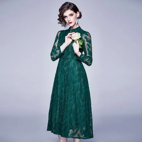 Summer Mesh Lace Dress Women Fashion Stand Collar Long Sleeve Feather Hollow Out Elegant Vintage Midi Dress Vestidos De Fiesta 
Summer Mesh Lace Dress Women Fashion Stand Collar Long Sleeve Feather Hollow Out Elegant Vintage Midi Dress Vestidos De Fiesta