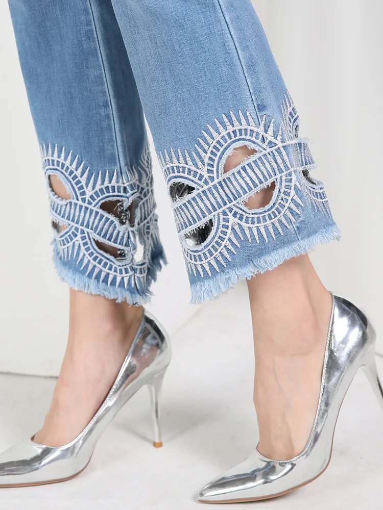 FERZIGE high waist women jeans stretch light blue hollow out embroidery slim fit bell bottom pants fashion women's jeans size 36
FERZIGE high waist women jeans stretch light blue hollow out embroidery slim fit bell bottom pants fashion women's jeans size 36