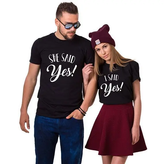 2019 любителей пара короткий рукав Футболка женская и мужская футболка Valentines буквы сказала: да/я скажу "Да, трикотаж, с принтом, летние пар Один... 
2019 любителей пара короткий рукав Футболка женская и мужская футболка Valentines буквы сказала: да/я скажу "Да, трикотаж, с принтом, летние пар Один...
