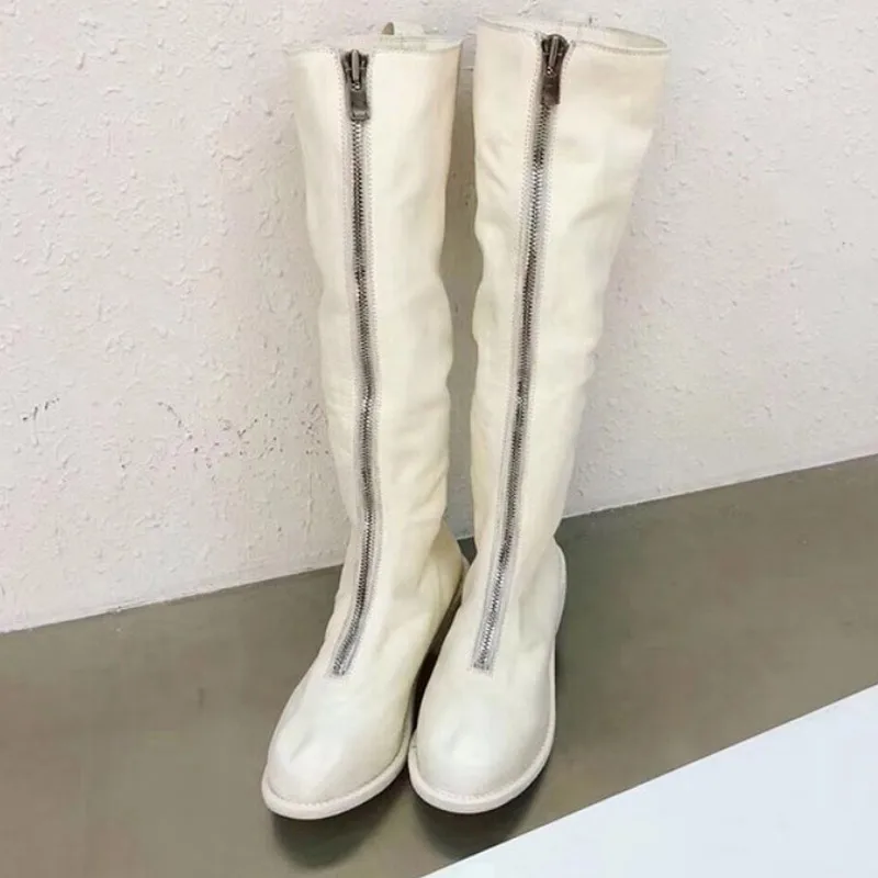 Handmade Long Boots Women Front Zipper Thick Heel Knight Boots Winter Genuine Leather Ladies Shoes Casual Knee High Boots White 
Handmade Long Boots Women Front Zipper Thick Heel Knight Boots Winter Genuine Leather Ladies Shoes Casual Knee High Boots White
