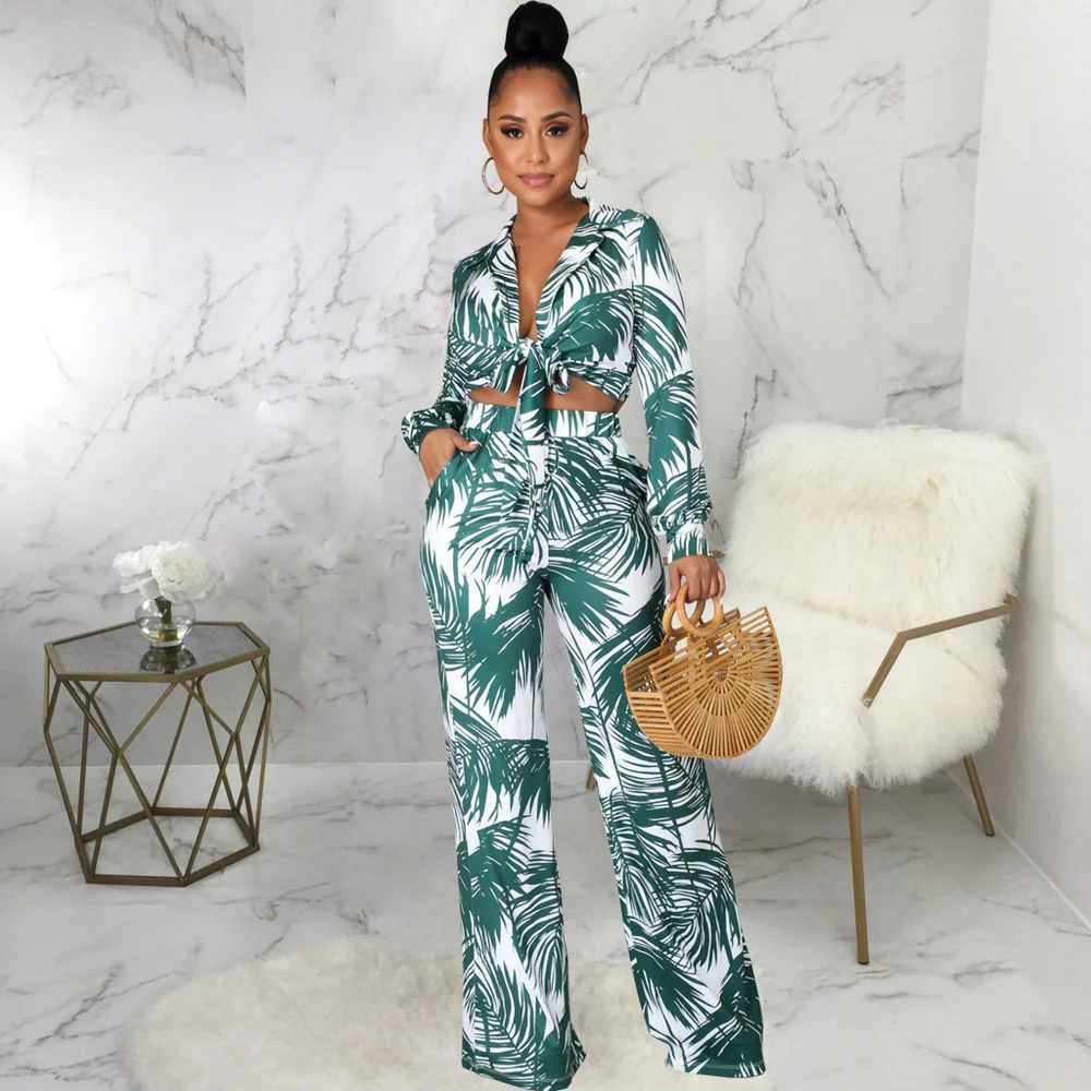 Tropical Leaves Print Two Piece Set Women's Tracksuit Long Sleeve Tied Up Crop Blouse and Wide Leg Pant Bohemian Clothing New
Tropical Leaves Print Two Piece Set Women's Tracksuit Long Sleeve Tied Up Crop Blouse and Wide Leg Pant Bohemian Clothing New