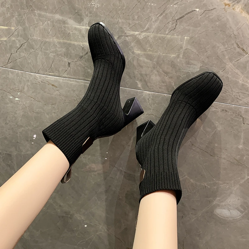 Сапоги-носки женские на высоком каблуке, модные вязаные туфли-лодочки с квадратным носком, на квадратном каблуке, до середины икры, осень 
Сапоги-носки женские на высоком каблуке, модные вязаные туфли-лодочки с квадратным носком, на квадратном каблуке, до середины икры, осень
