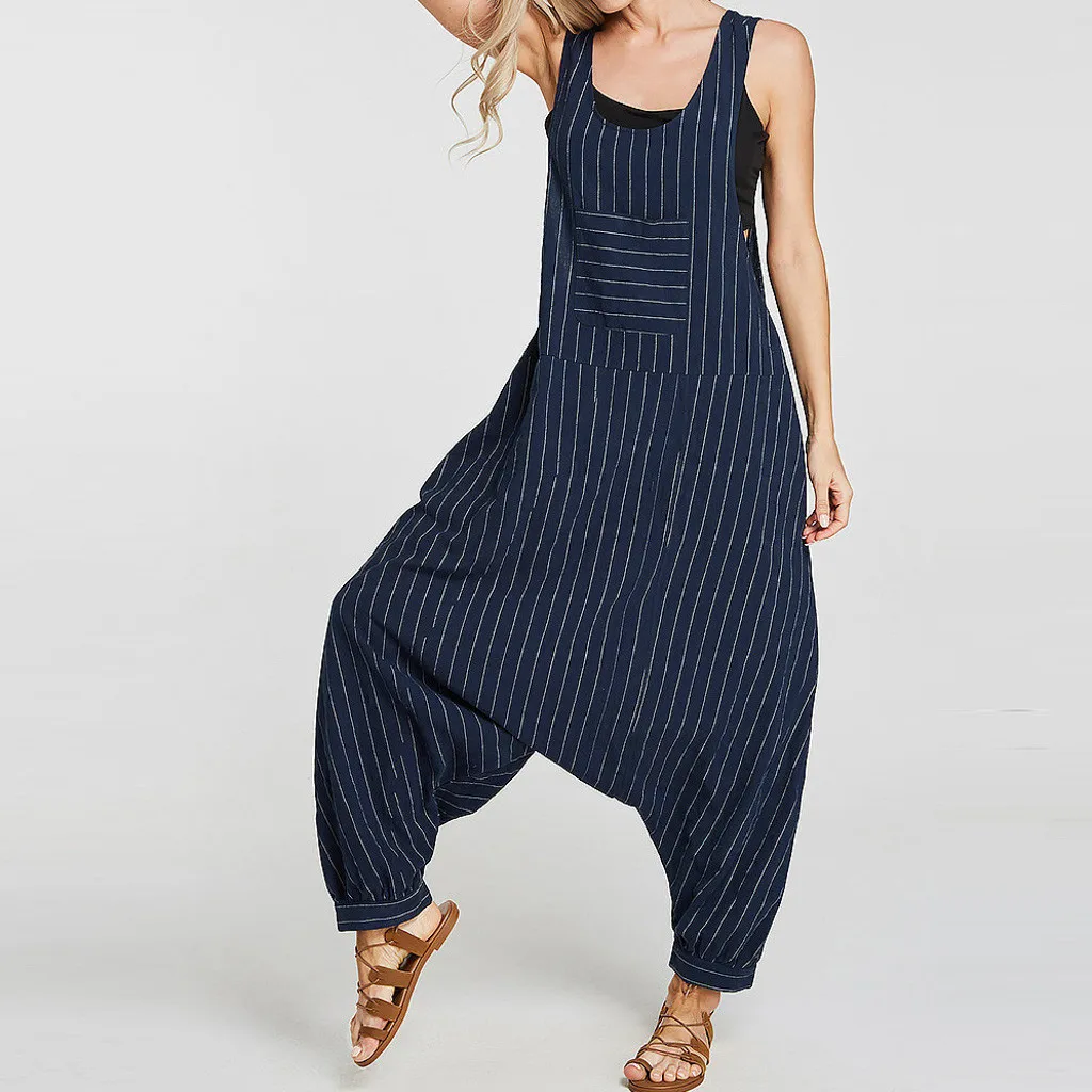 Women Jumpsuits Rompers Casual Loose Stripe Print Sleeveless Drop Crotch Overall Pocket Short Sleeve Wide Leg Loose Jumpsuit
Women Jumpsuits Rompers Casual Loose Stripe Print Sleeveless Drop Crotch Overall Pocket Short Sleeve Wide Leg Loose Jumpsuit