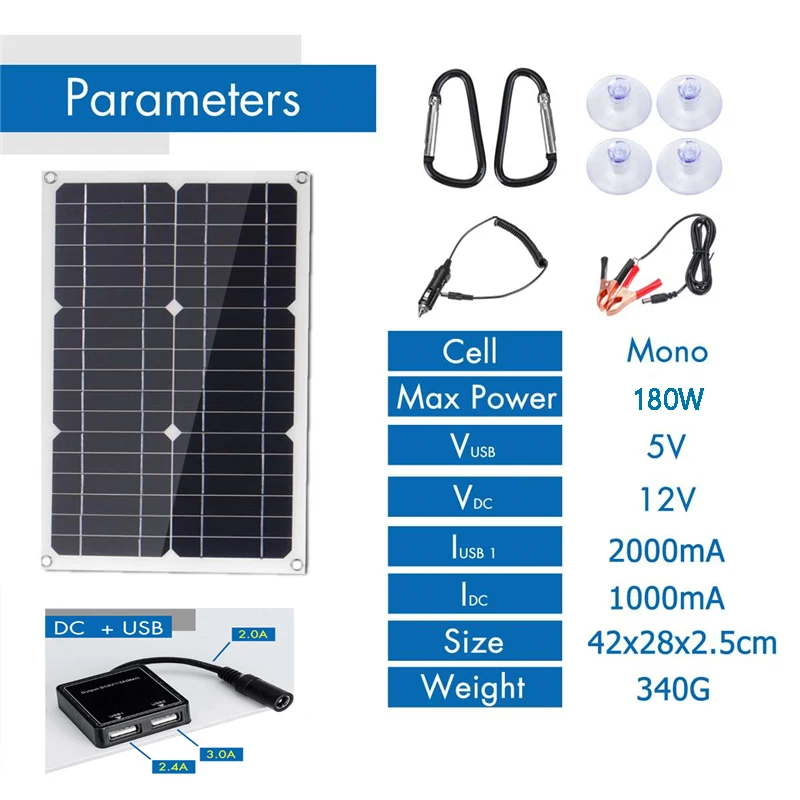 12V 180W Protable Solar Panel Kit 2 USB Port with 10A/20A LCD Display Solar Charge Controller Off Grid Monocrystalline Module
12V 180W Protable Solar Panel Kit 2 USB Port with 10A/20A LCD Display Solar Charge Controller Off Grid Monocrystalline Module
