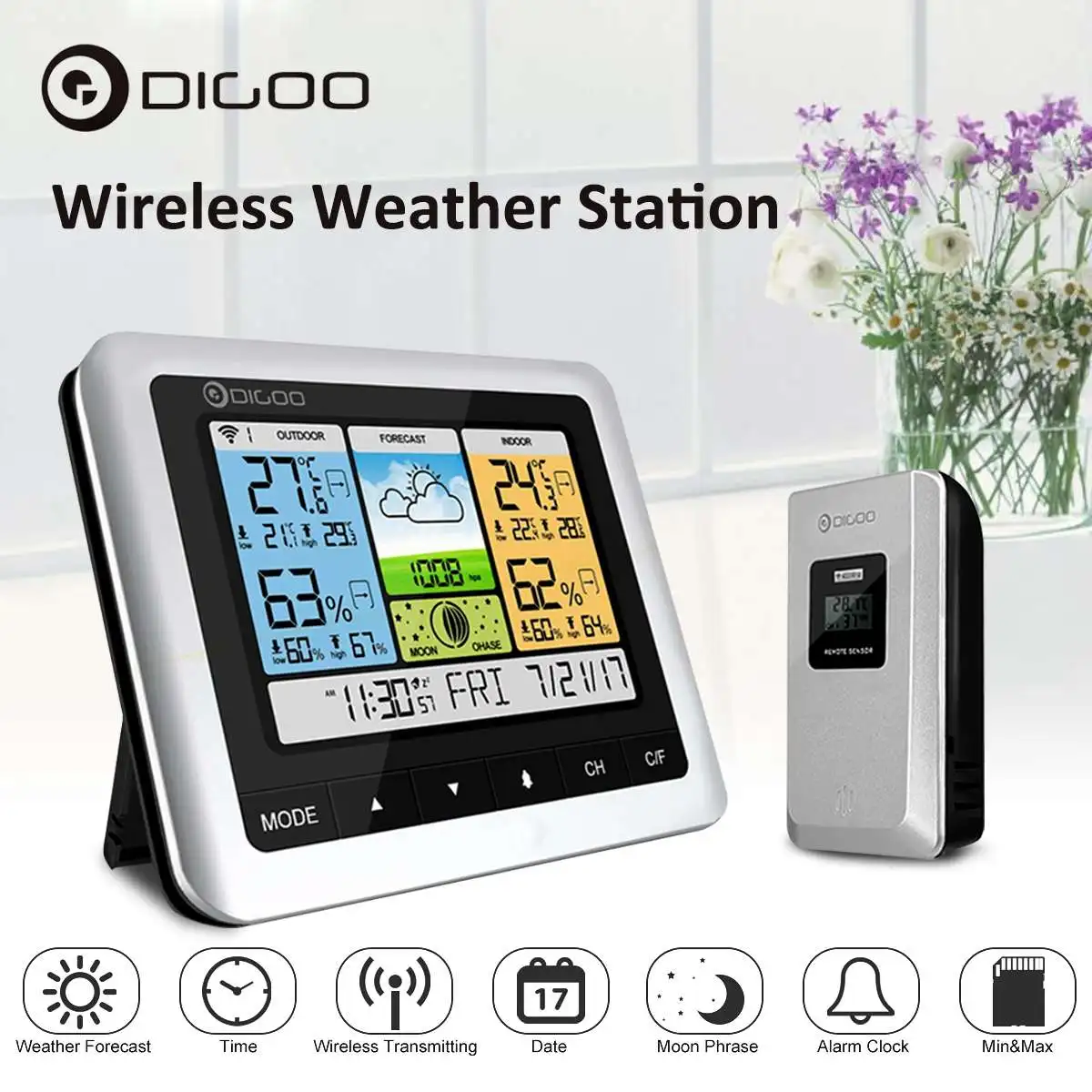 Digoo DG-TH8888 Outdoor Weather Station Clock + Forecast Sensor USB Wireless Digital Thermometer Humidity Meter 3CH Moon Phrase
Digoo DG-TH8888 Outdoor Weather Station Clock + Forecast Sensor USB Wireless Digital Thermometer Humidity Meter 3CH Moon Phrase