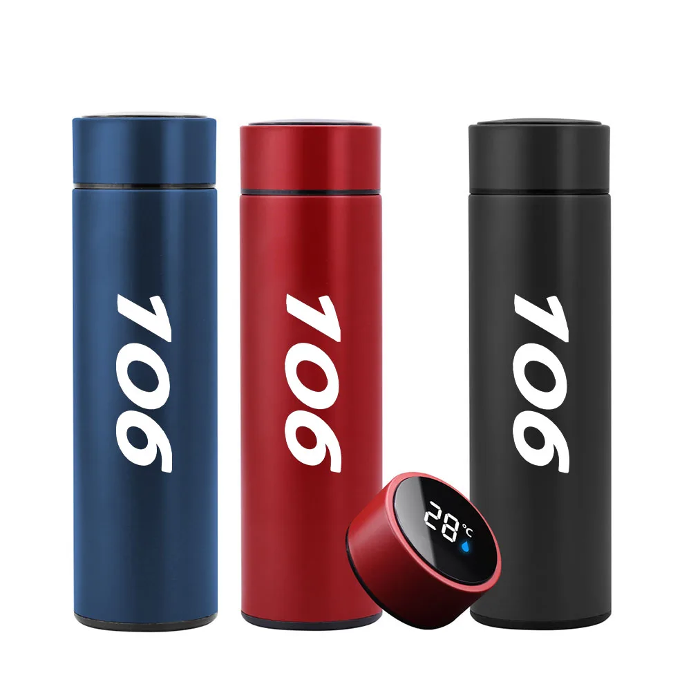 

500ml Smart Thermos bottle With Logo For Peugeot 106 Temperature Display Portable Stainless Steel Thermo Mug Travel Coffee Cup