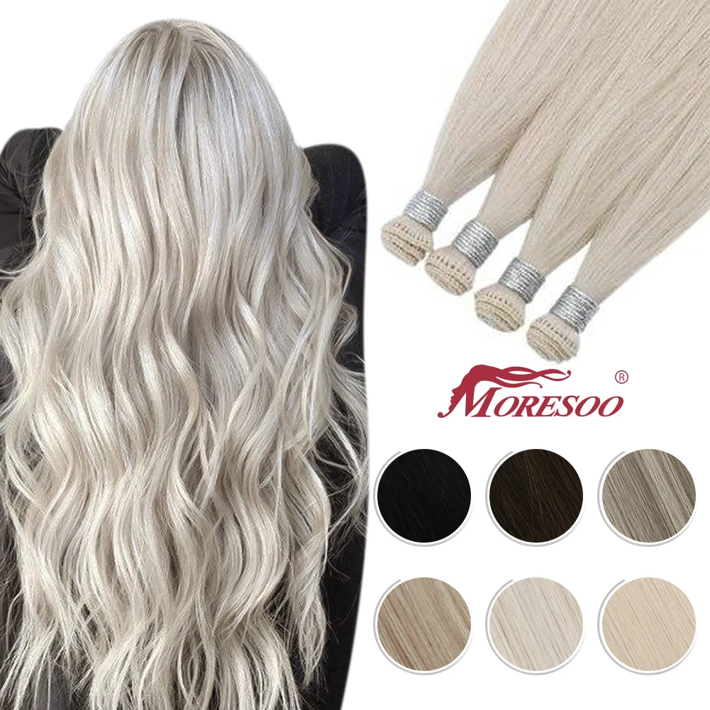 

Moresoo Hair Bundles Virgin Hair Double Drawn Extensions Hand Tied Weft 12 Months Brazilian Hair Straight Invisible Sew in Weft