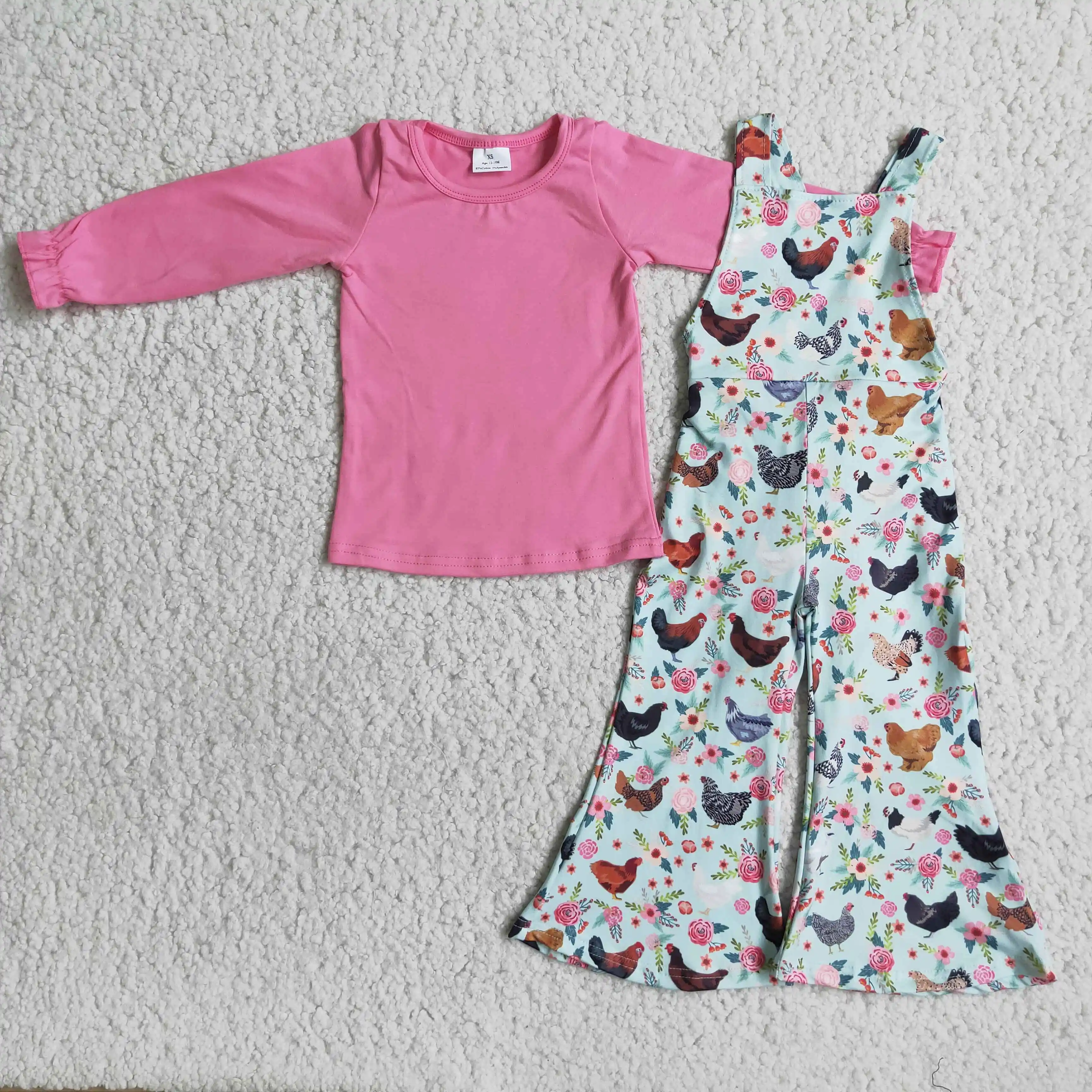 

Little Girls Farm Chicken Outfits Pink Overalls Kids Long Sleeves Top Floral Pants Children Clothing Boutique Sets Hot Sale