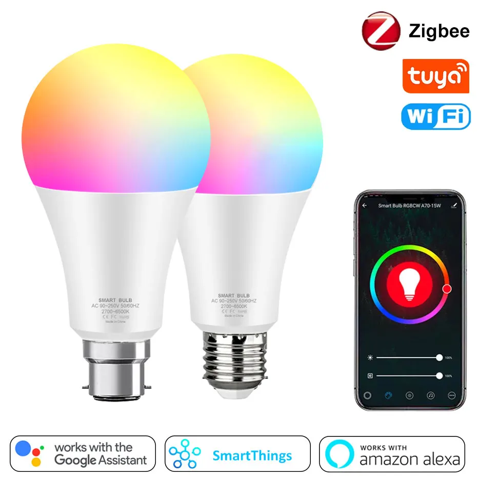 Светодиодная лампочка Zigbee Tuya, RGB, Wi-Fi, регулируемая яркость, умная жизнь, умная лампочка E27 B22 для дома, 110 В, 220 В, 15 Вт
Светодиодная лампочка Zigbee Tuya, RGB, Wi-Fi, регулируемая яркость, умная жизнь, умная лампочка E27 B22 для дома, 110 В, 220 В, 15 Вт
