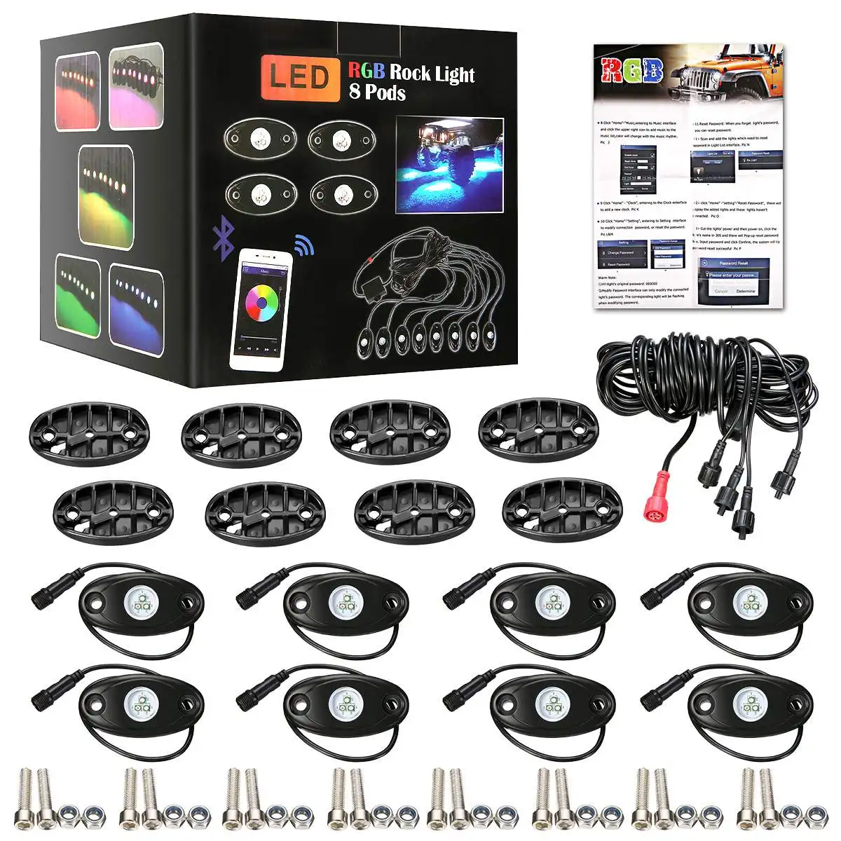 8Pcs Waterproof CAR RGB LED Rock Lights kit Car Underglow Trail Rig Underbody Neon Lights Kit with Cell Phone APP Mini Control
8Pcs Waterproof CAR RGB LED Rock Lights kit Car Underglow Trail Rig Underbody Neon Lights Kit with Cell Phone APP Mini Control