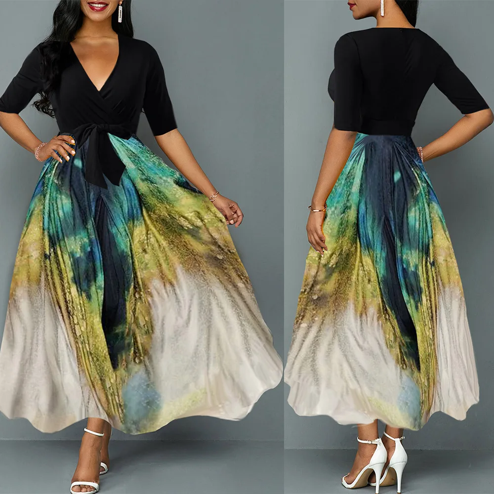 2021 Summer Women's Long Skirt Fashion Trend Sexy Casual Slim Printed Five Point Sleeve V Neck Dress Black with Belt 
2021 Summer Women's Long Skirt Fashion Trend Sexy Casual Slim Printed Five Point Sleeve V Neck Dress Black with Belt