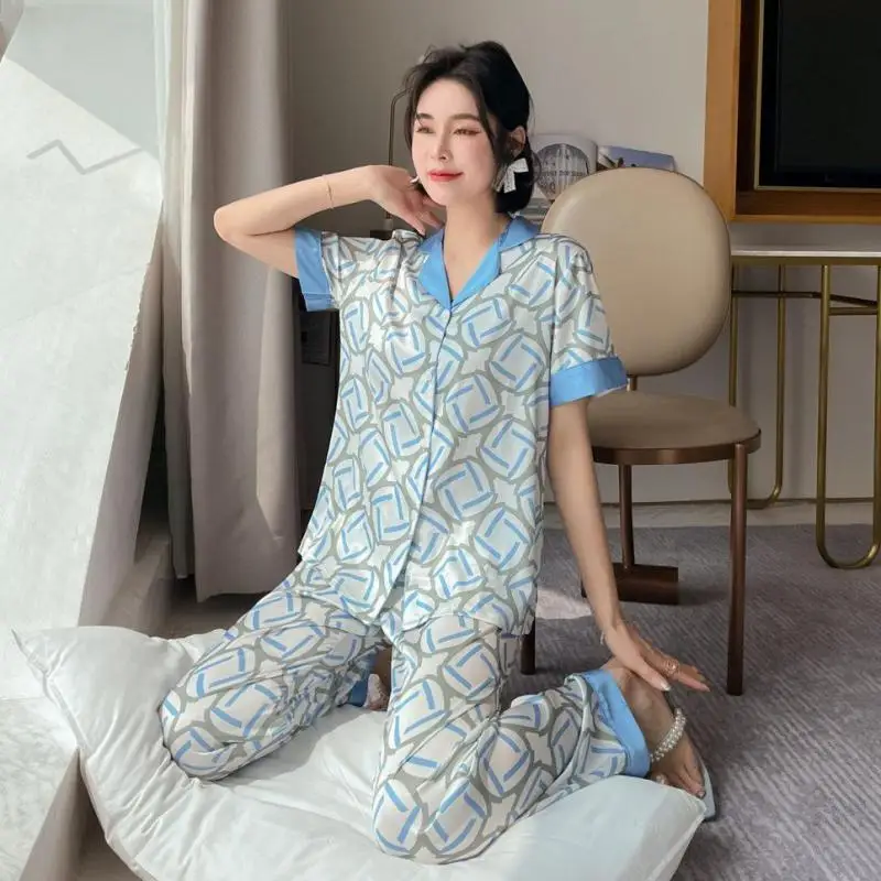 Summer Blue Pajamas Set Short Sleeve 2PCS Sleepwear Satin Printed Shirt&Pants Femme Trousers Suit Loose Pijamas Suit Home Wear
Summer Blue Pajamas Set Short Sleeve 2PCS Sleepwear Satin Printed Shirt&Pants Femme Trousers Suit Loose Pijamas Suit Home Wear