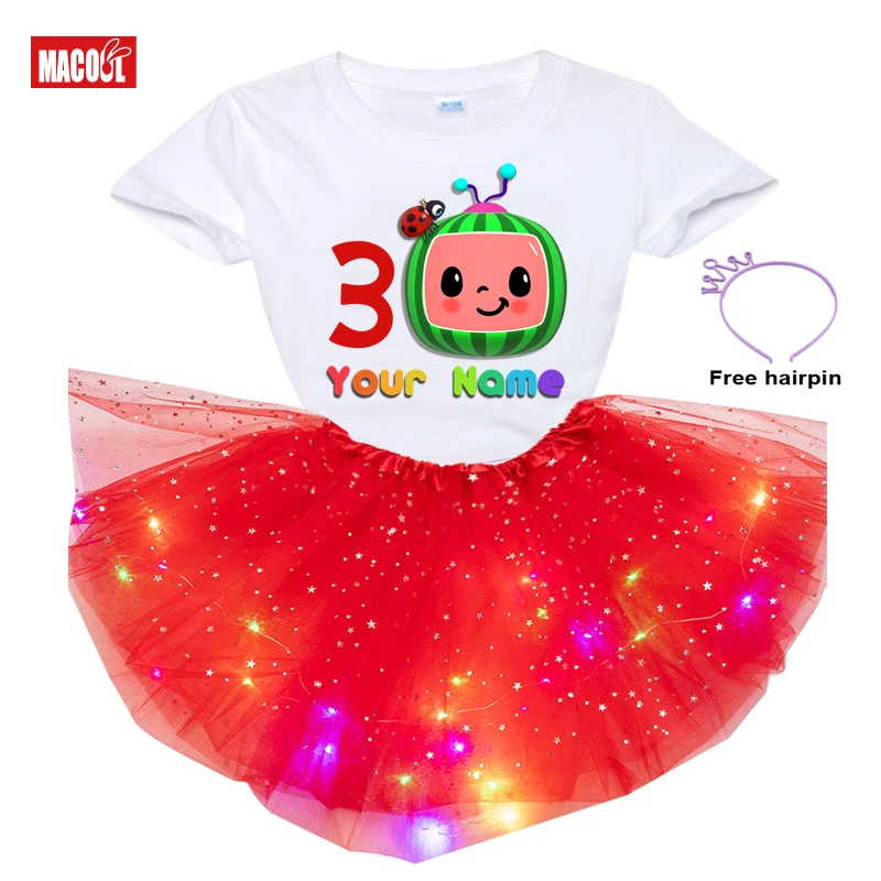 

Girls Tutu Dress Sets Girl Birthday Party 3Pc Cute Watermelon Print T-shirt + Dress Design Your Name and Number Birthday Present