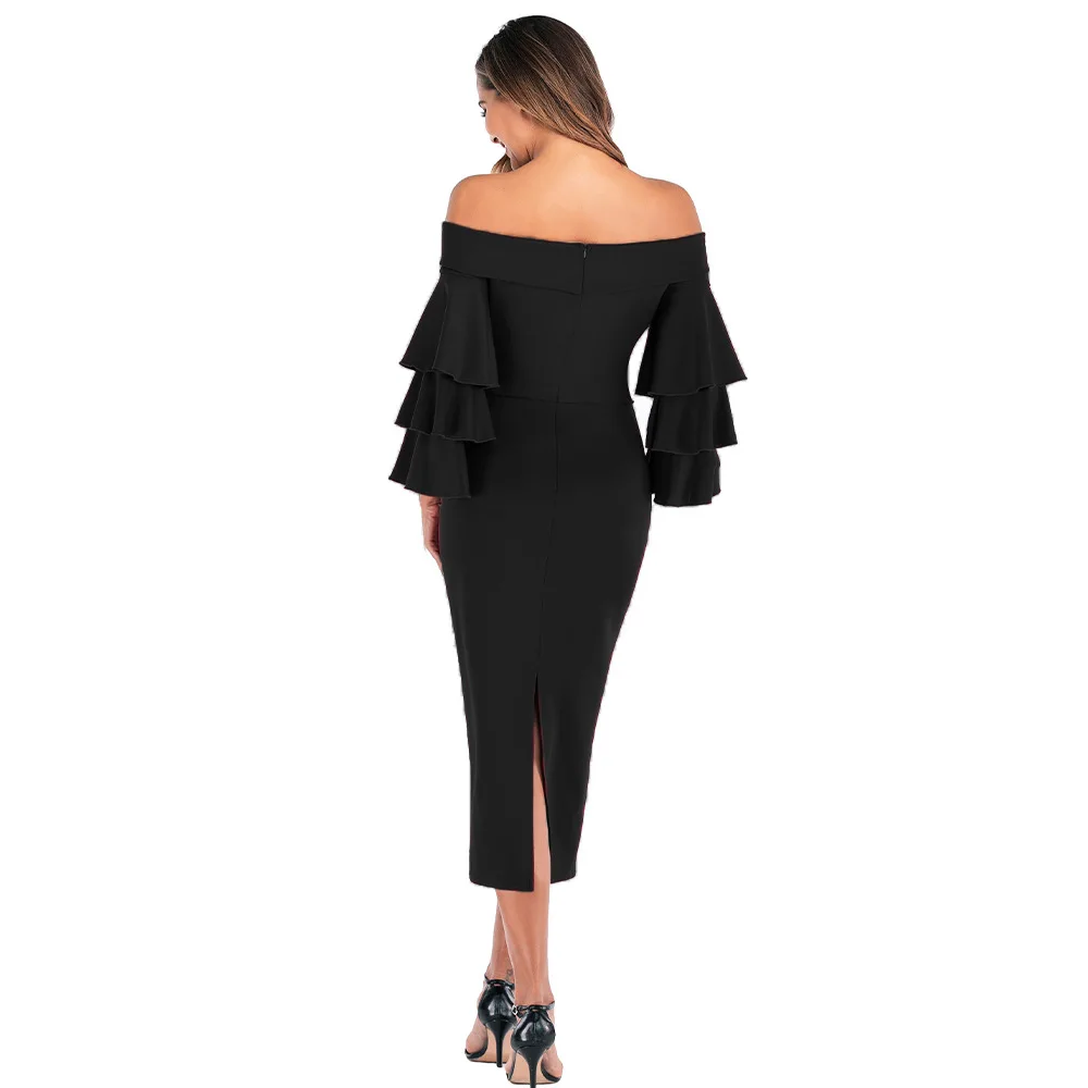 Autumn Winter Dress Women Vintage Slash Neck Ruffle Sleeve Sheath Dress Ladies Evening Party Mid-Calf Dresses
Autumn Winter Dress Women Vintage Slash Neck Ruffle Sleeve Sheath Dress Ladies Evening Party Mid-Calf Dresses
