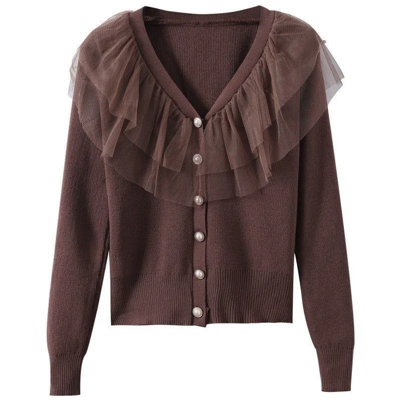 Women Winter Spring Long Sleeve Ruffled Black Sheer Mesh Single Breasted Button V Neck Cardigans Sweaters
Women Winter Spring Long Sleeve Ruffled Black Sheer Mesh Single Breasted Button V Neck Cardigans Sweaters