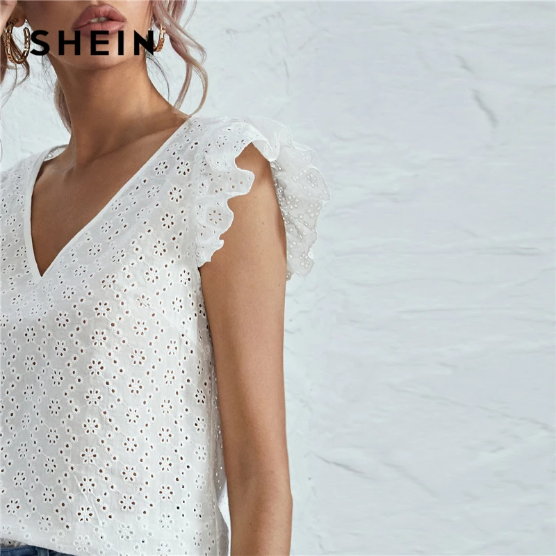 

SHEIN White V-neck Ruffle Armhole Schiffy Top Blouse Women Summer Butterfly Sleeve Solid Casual Tops and Blouses