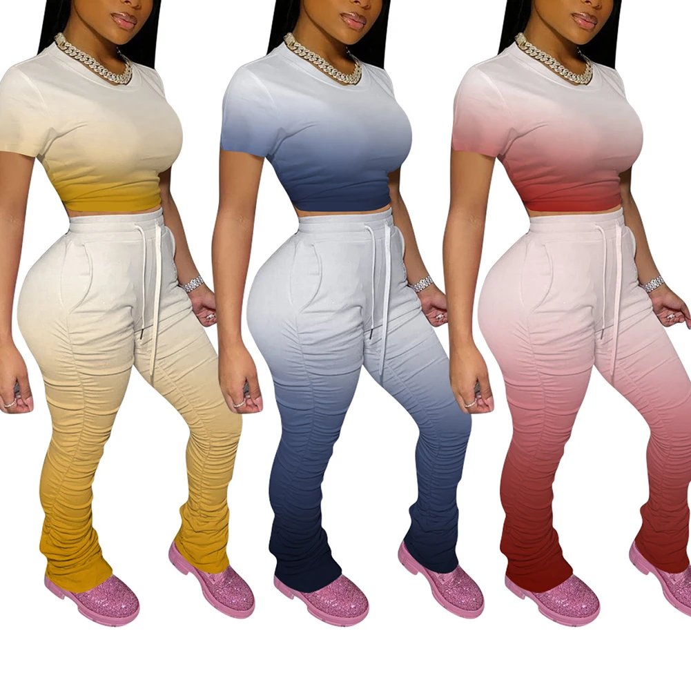 Gradient Print Sport Suits 2Pcs/Set for Women Summer Female Tracksuits Short Sleeve Crop Tops+Stacked Joggers Trousers Outfit
Gradient Print Sport Suits 2Pcs/Set for Women Summer Female Tracksuits Short Sleeve Crop Tops+Stacked Joggers Trousers Outfit