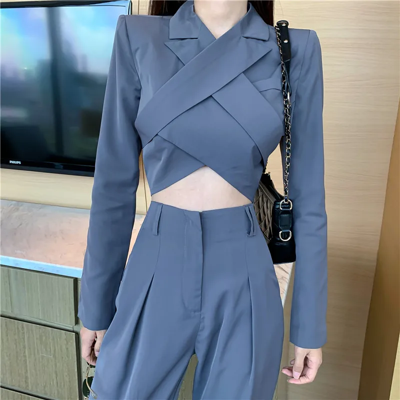 Women 2021 New 2 Piece Tracksuit Long Sleeve Cross Sexy Backless Irregular Short Blazer Top&High Waist Pants Sets Two Piece Suit
Women 2021 New 2 Piece Tracksuit Long Sleeve Cross Sexy Backless Irregular Short Blazer Top&High Waist Pants Sets Two Piece Suit