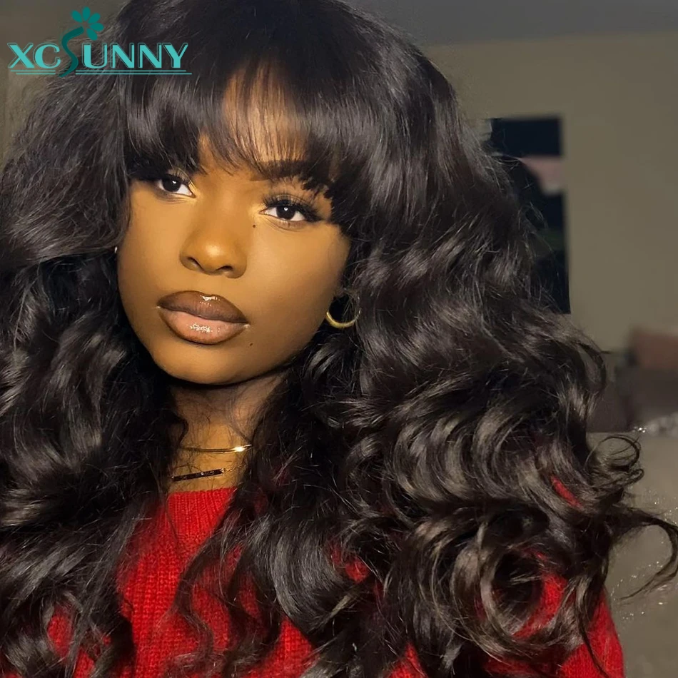 

Human Hair Wigs With Bangs Water Wave O Scalp Top Wavy Full Machine Made Wig 200 Density Remy Brazilian For Black Women Xcsunny