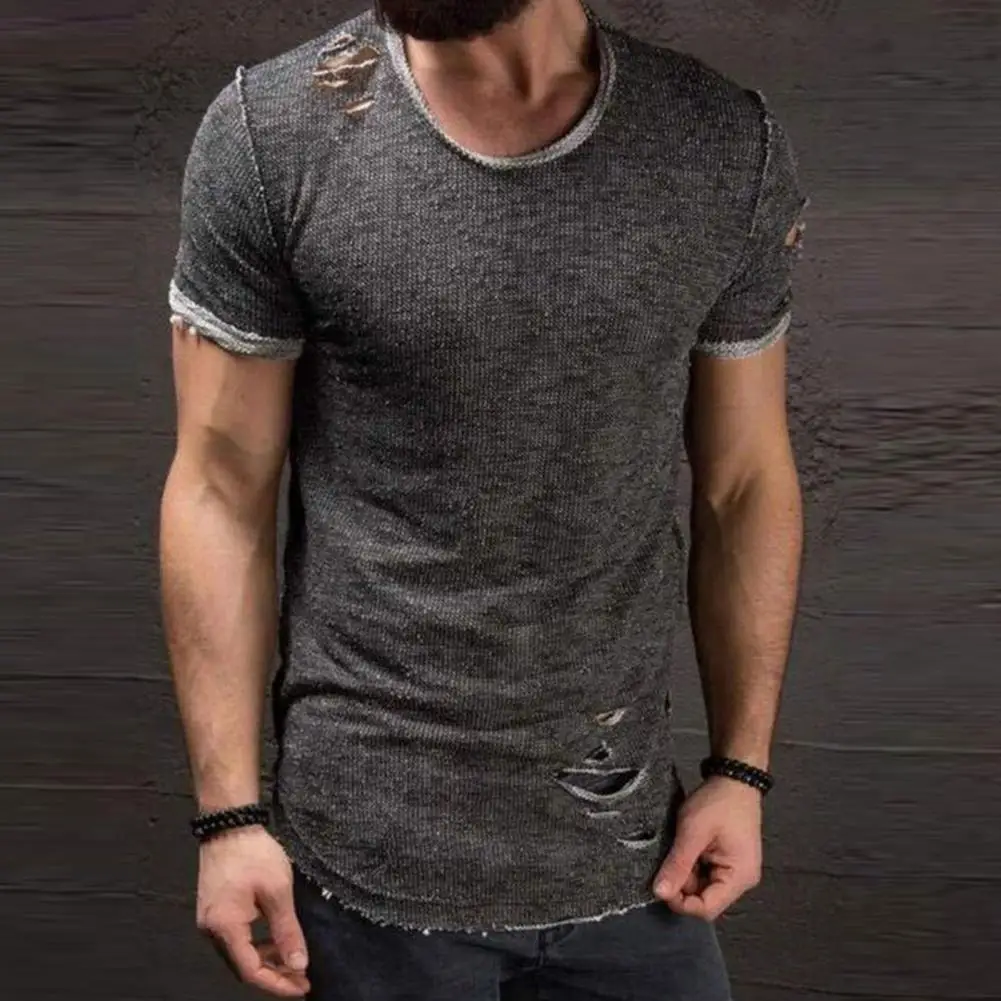 Модная летняя рваная одежда 2021 Мужская футболка с дырками Однотонная облегающий