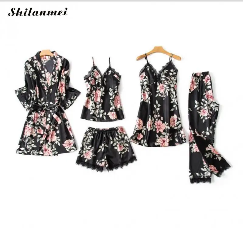 5pcs Silk Sleepwear Women Sexy Pajama Set Spring Summer Floral Print Nightgowns Lace Robe Pajamas Set Satin Home Clothing Pijama
5pcs Silk Sleepwear Women Sexy Pajama Set Spring Summer Floral Print Nightgowns Lace Robe Pajamas Set Satin Home Clothing Pijama