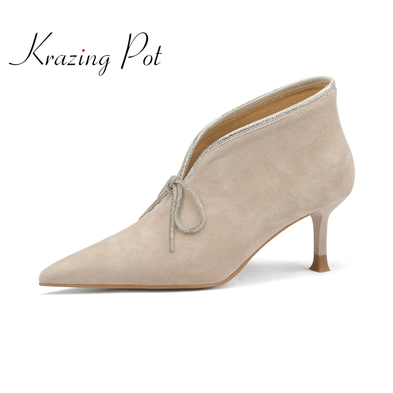 

krazing pot sheep suede pointed toe stiletto high heels butterfly-knot rhinestone decorations mature elegant fashion pumps L66