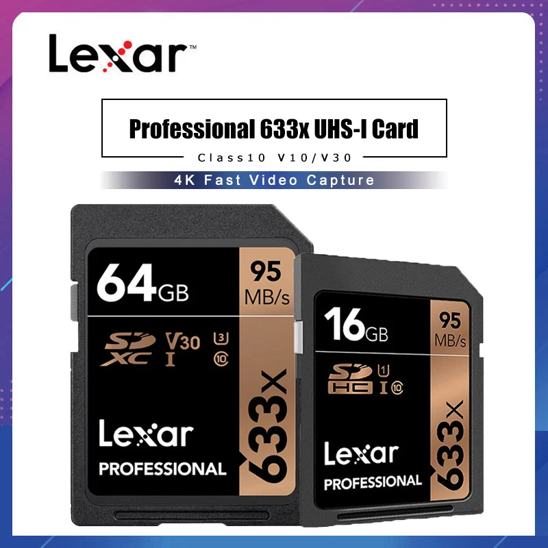 

Original Lexar 633x 32GB U1 SDHC 64GB 128GB 256GB U3 SD Card SDXC Professional Memory Card 95MB/s For 1080p 4K Video Camera
